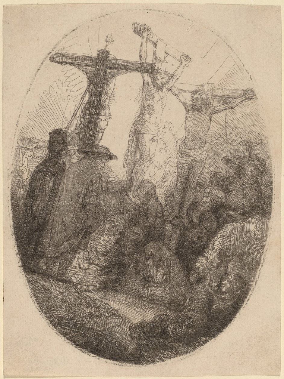Cristo crocifisso tra i due ladroni: una placca ovale da Rembrandt van Rijn