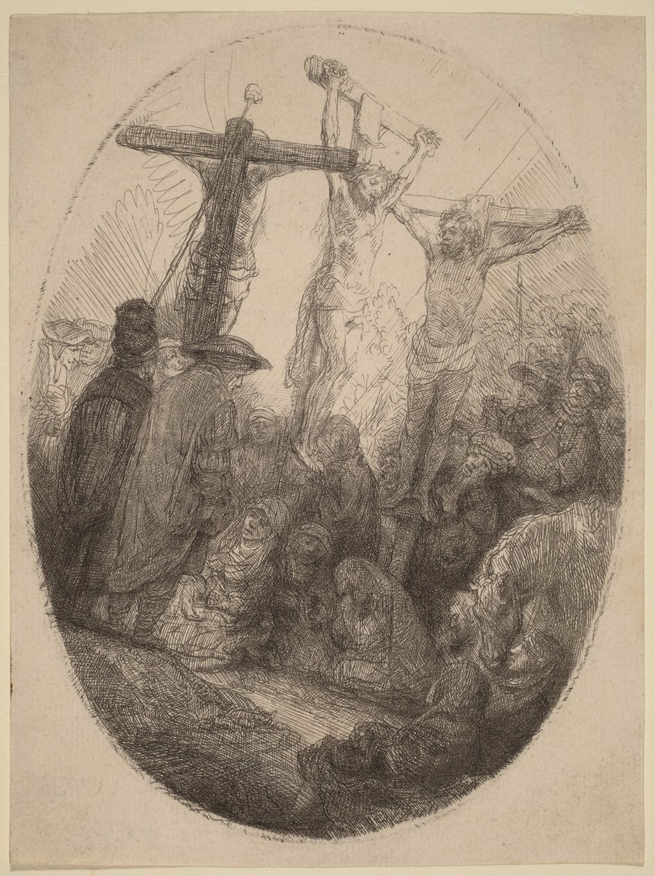 Cristo crocifisso tra i due ladroni: un piatto ovale da Rembrandt van Rijn