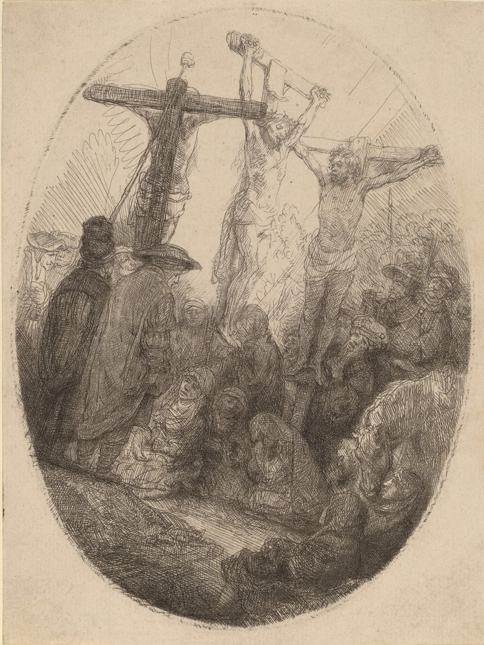 Cristo crocifisso tra i due ladroni: un piatto ovale, c. 1641 da Rembrandt van Rijn