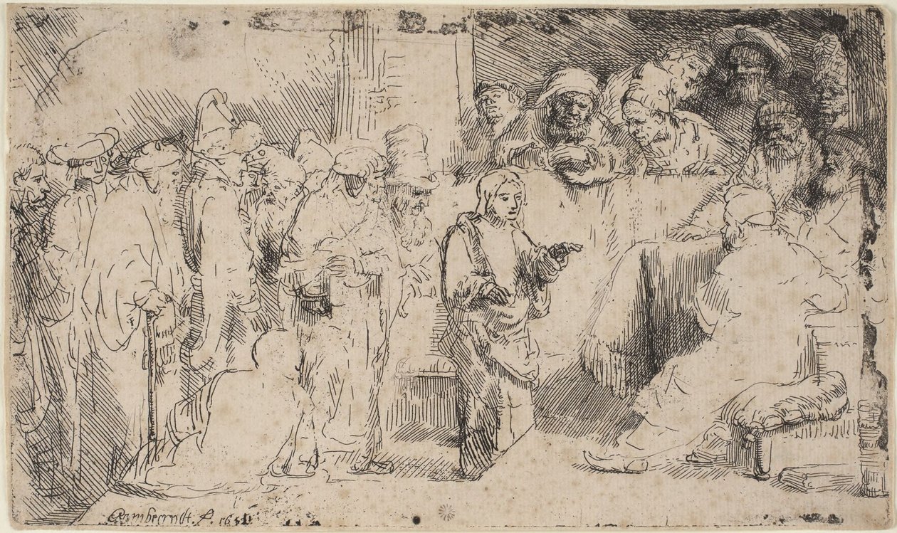 Cristo che discute con i dottori: uno schizzo da Rembrandt van Rijn