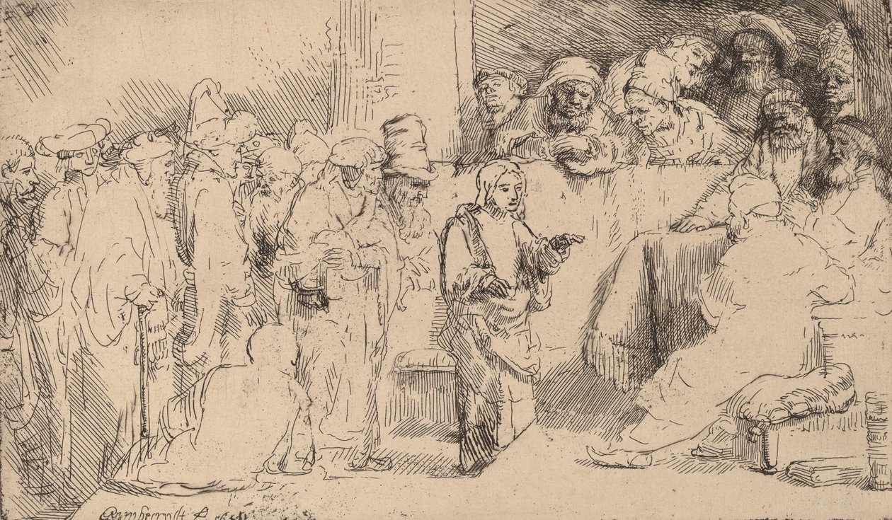 Cristo che disputa con i dottori: uno schizzo da Rembrandt van Rijn