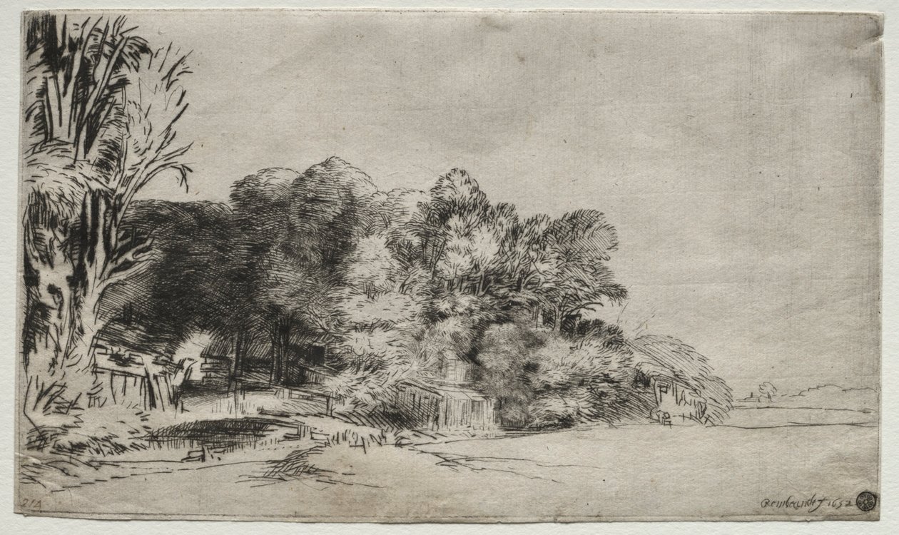 Gruppo di alberi con una vista, 1652 da Rembrandt van Rijn