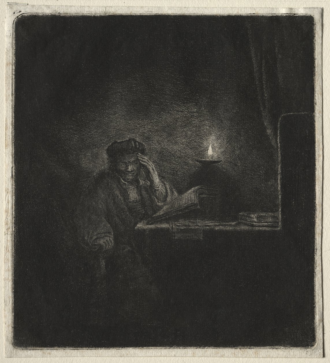 Copia di Studente a un tavolo alla luce delle candele da Rembrandt van Rijn
