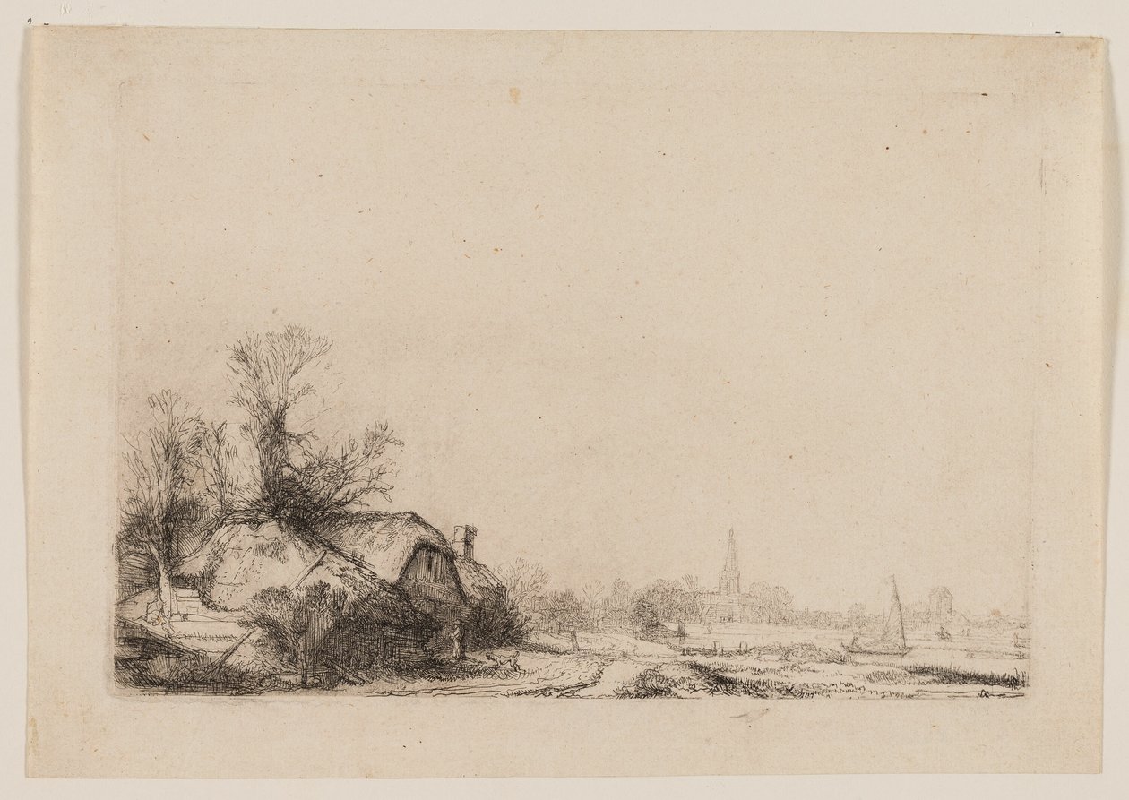 Cottage Accanto a un Canale con Vista su Ouderkerk da Rembrandt van Rijn