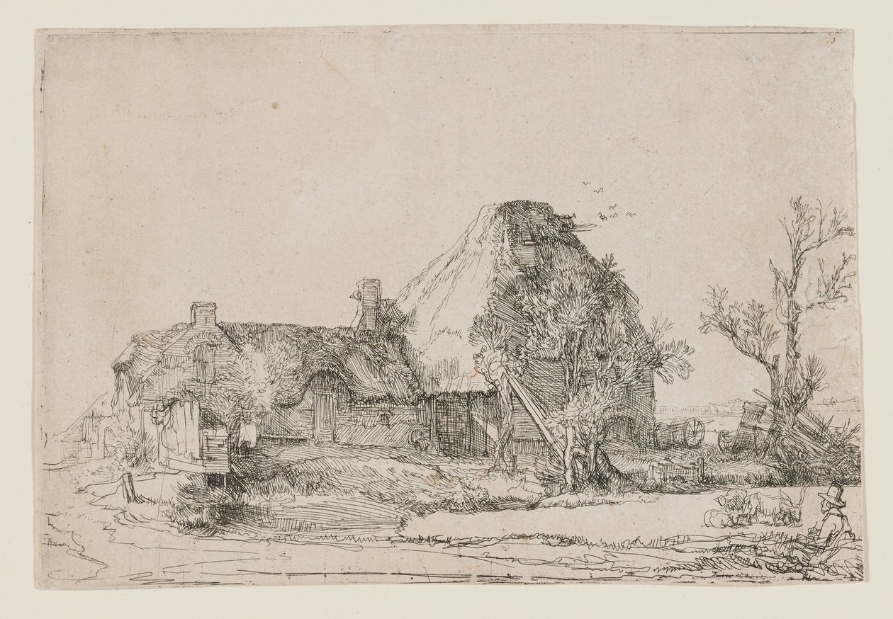Casetta di campagna e fabbricati agricoli con un uomo intento a disegnare da Rembrandt van Rijn