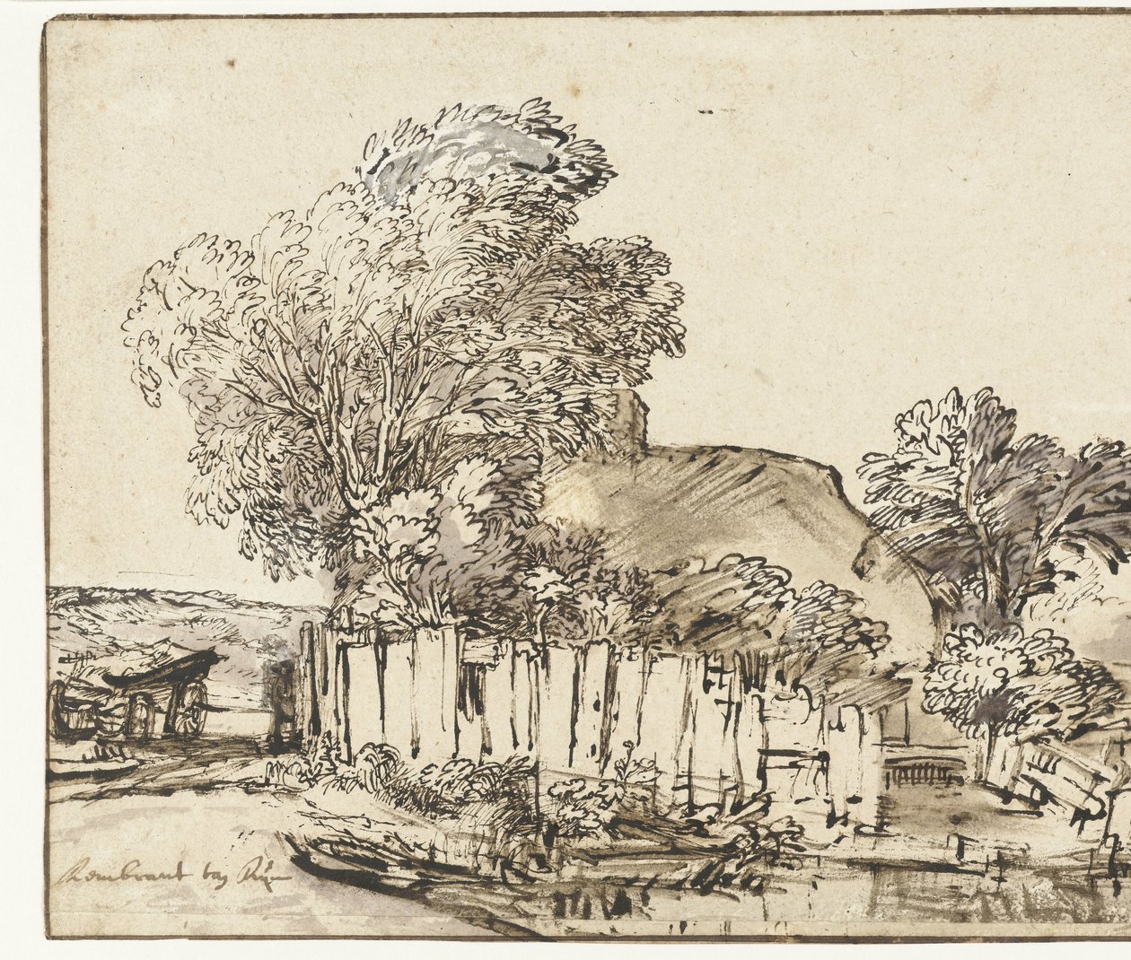 Cottage con staccionata bianca tra gli alberi da Rembrandt van Rijn
