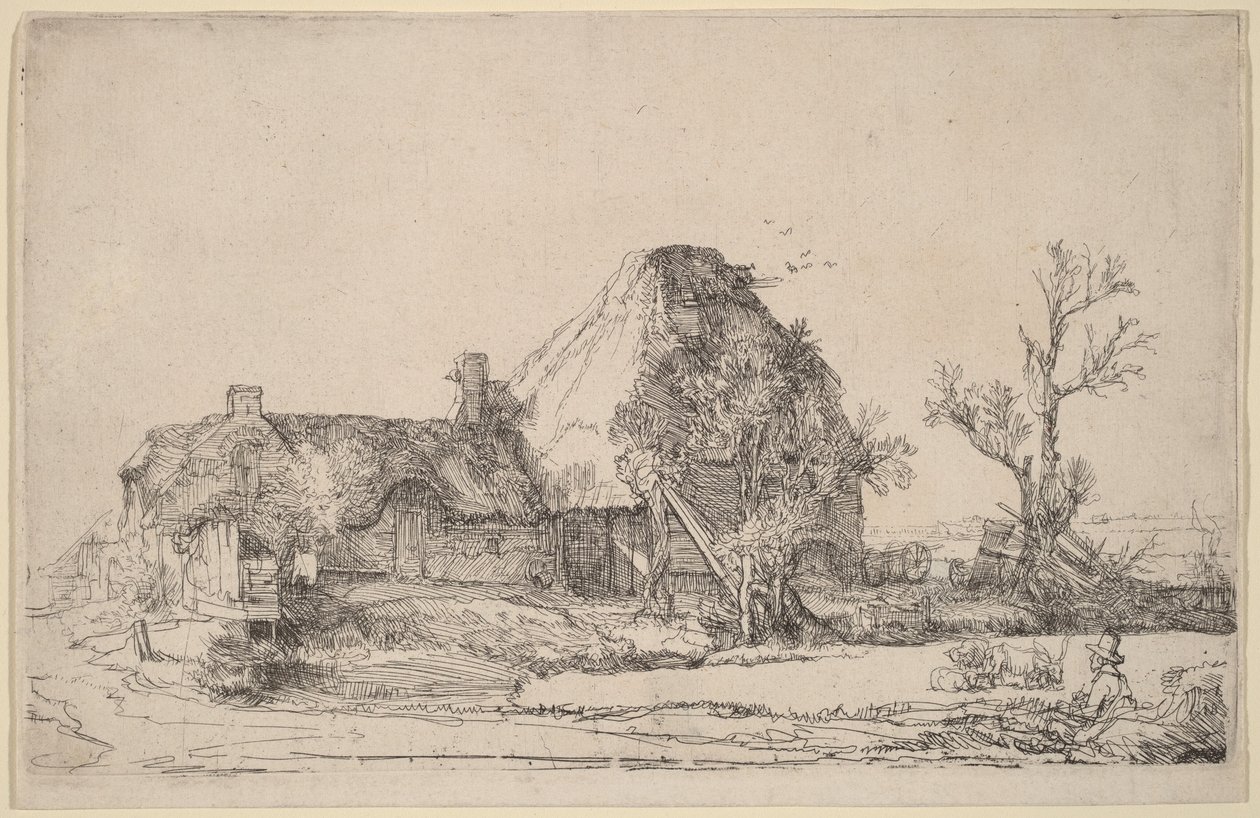 Casette di campagna e fabbricati agricoli con un uomo intento a disegnare da Rembrandt van Rijn
