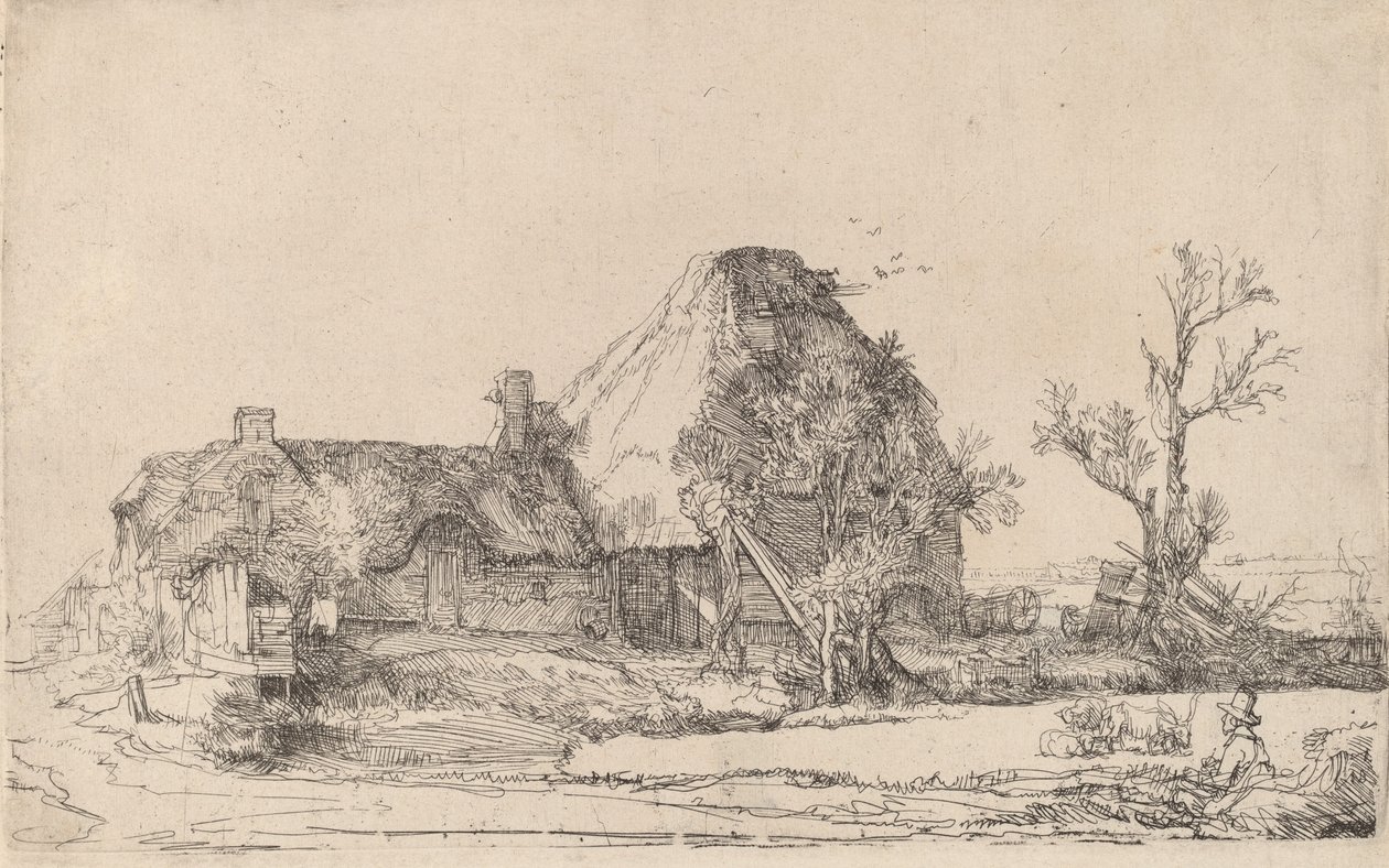 Cottage e edifici agricoli con un uomo che disegna, c. 1645 da Rembrandt van Rijn