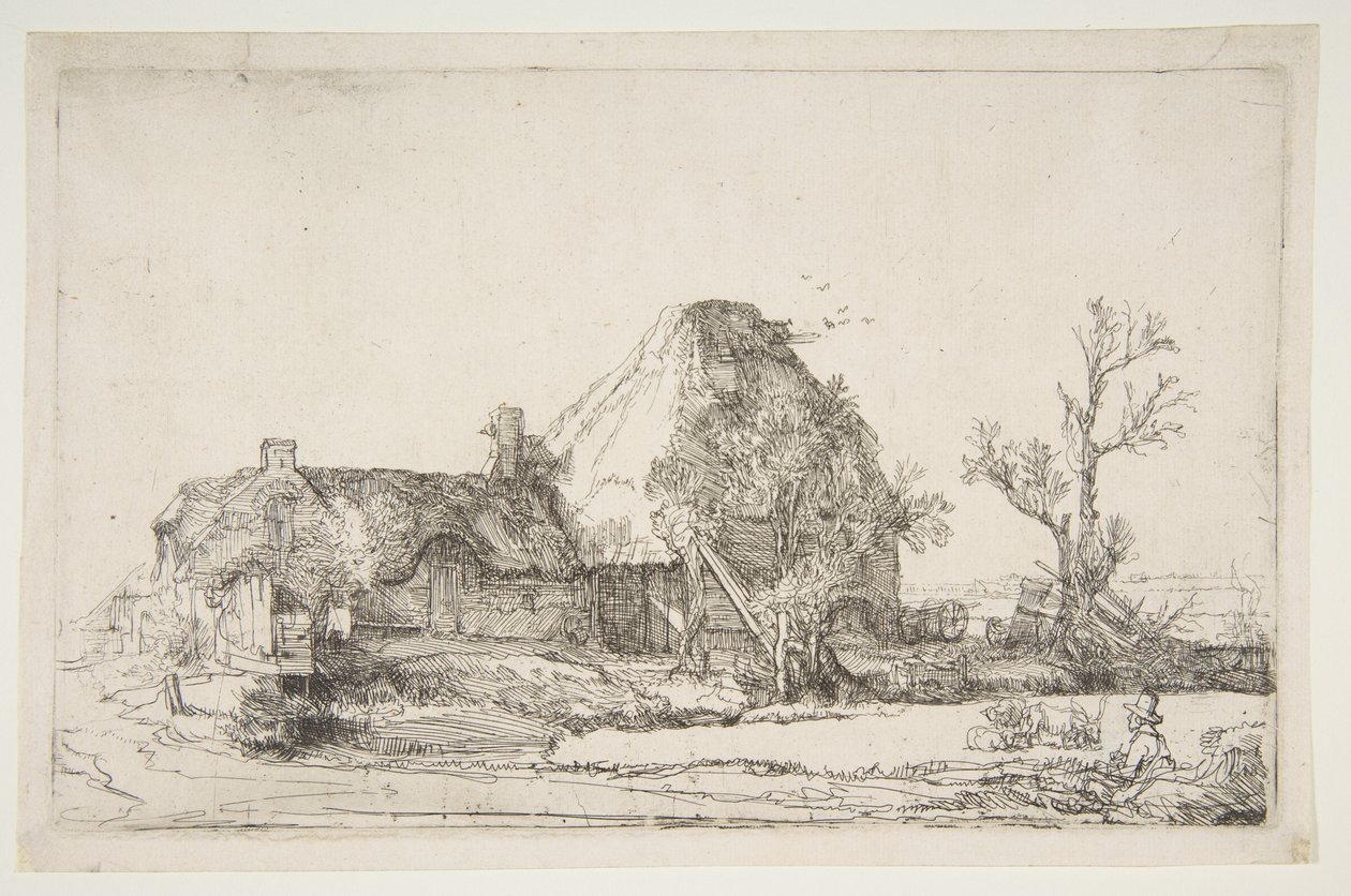 Cottage e edifici agricoli con un uomo che disegna, ca. 1645 da Rembrandt van Rijn