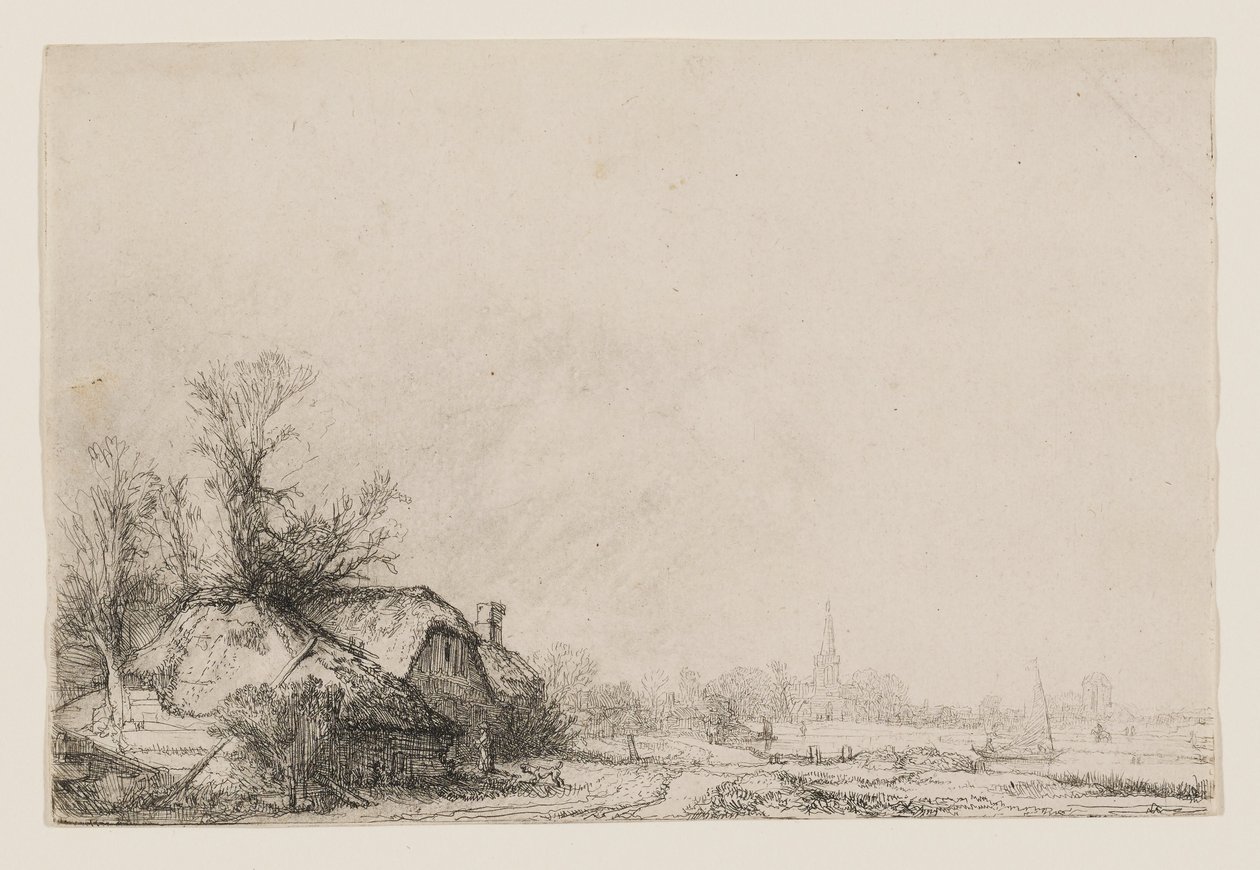 Casette lungo un canale con una chiesa e una barca a vela da Rembrandt van Rijn