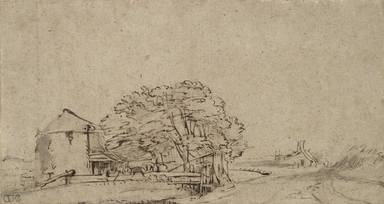 Edificio agricolo accanto a una strada con fattoria distante da Rembrandt van Rijn