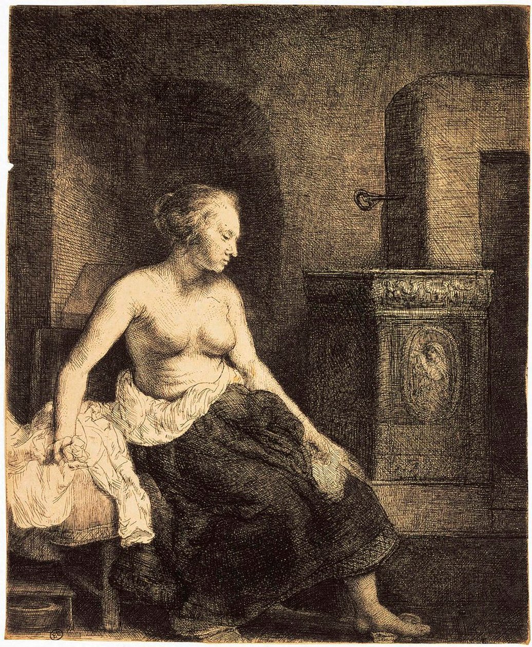 Donna semi-nuda vicino a una stufa da Rembrandt van Rijn