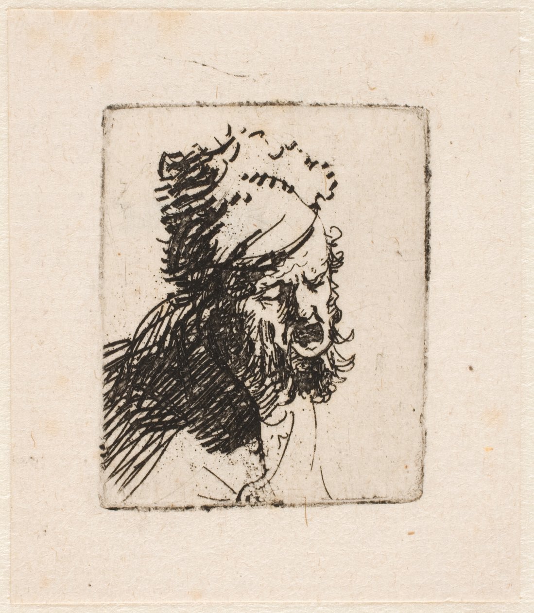Testa di un uomo con un berretto di pelliccia, che grida da Rembrandt van Rijn