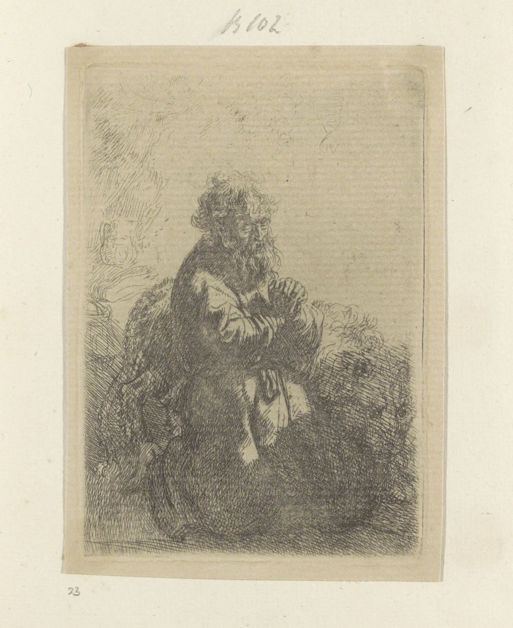 Gerolamo inginocchiato in preghiera, lo sguardo rivolto verso il basso da Rembrandt van Rijn