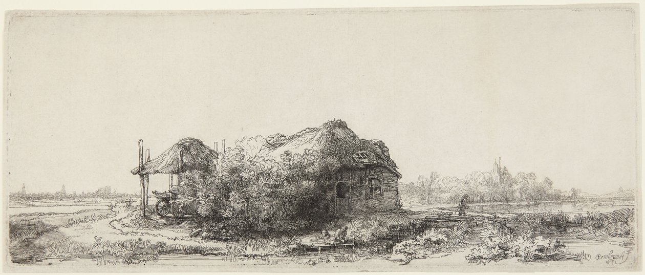 Paesaggio con casette e un fienile da Rembrandt van Rijn