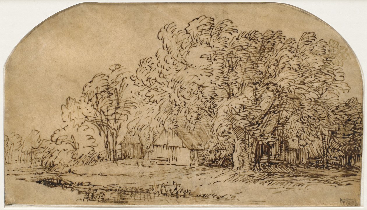 Paesaggio con cottage sotto alberi alti ("Il soffio del vento") da Rembrandt van Rijn