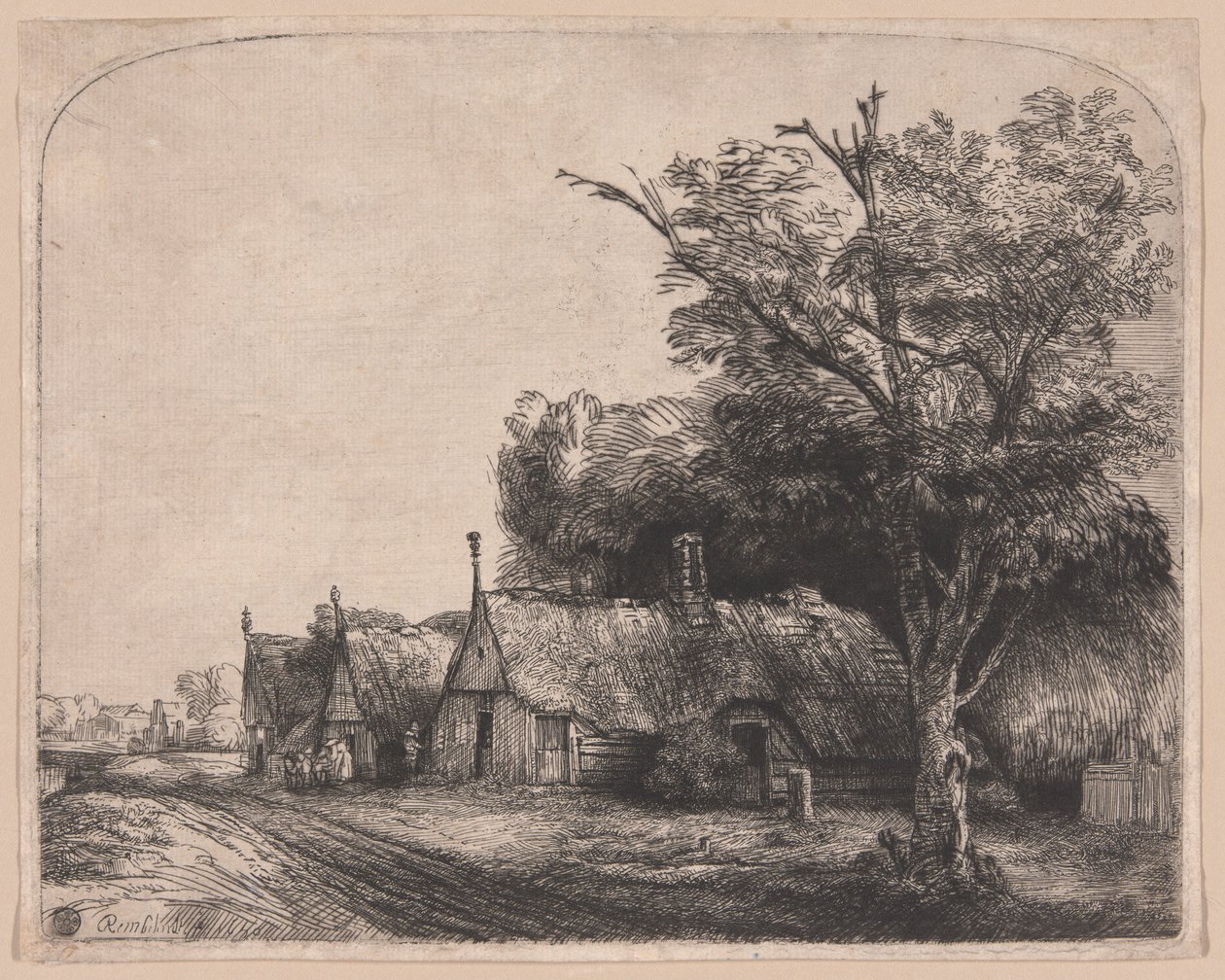 Paesaggio con tre cottage a due spioventi lungo una strada da Rembrandt van Rijn