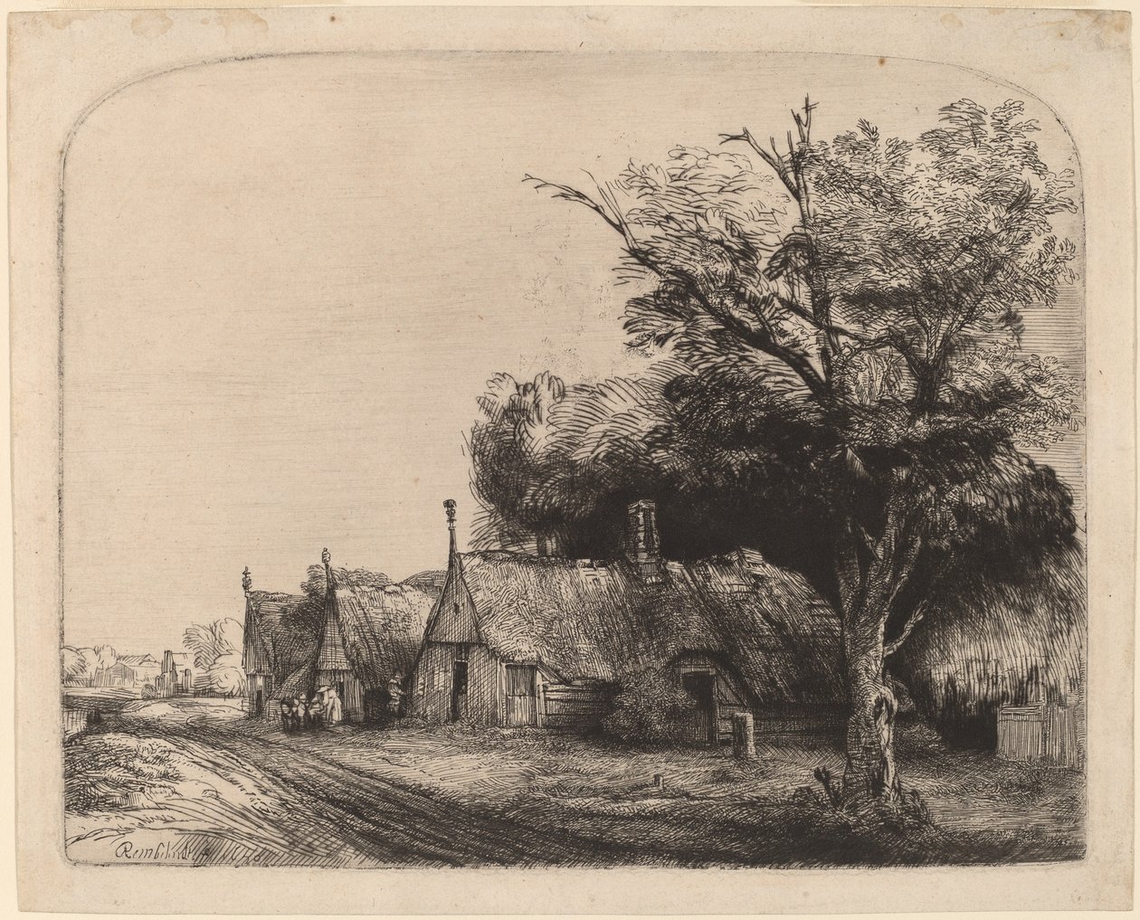 Paesaggio con tre cottage a due spioventi lungo una strada da Rembrandt van Rijn