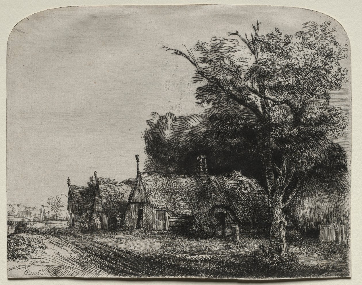 Paesaggio con tre cottage a capanna lungo una strada da Rembrandt van Rijn