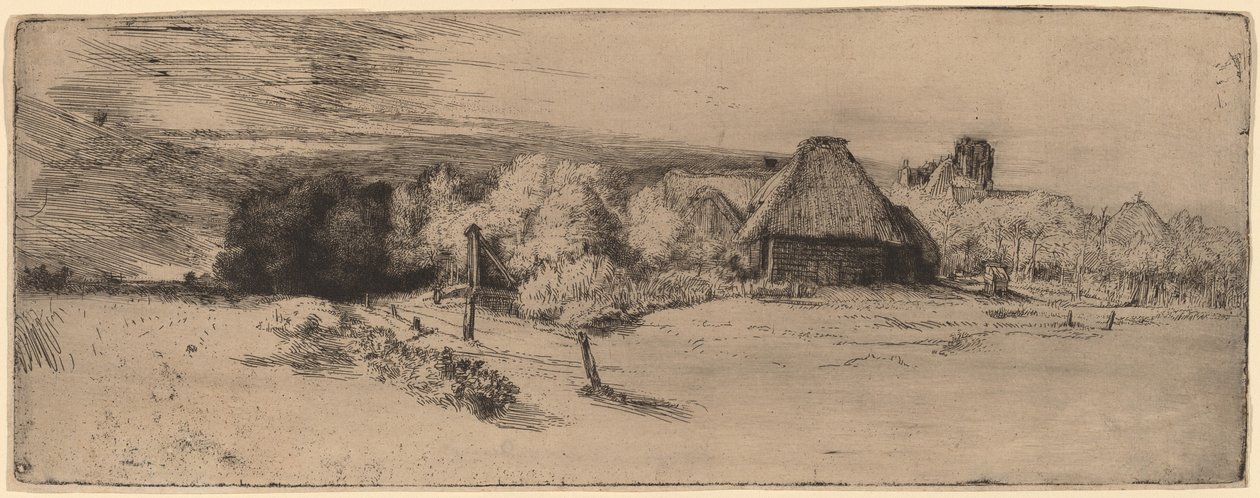 Paesaggio con alberi, edifici agricoli e una torre da Rembrandt van Rijn