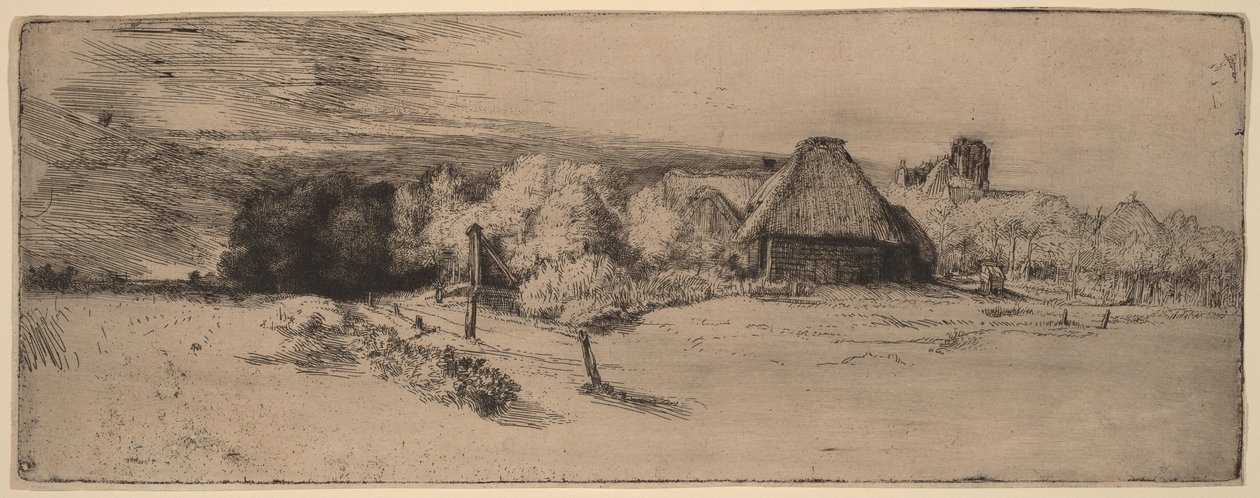 Paesaggio con alberi, fabbricati rurali e una torre da Rembrandt van Rijn