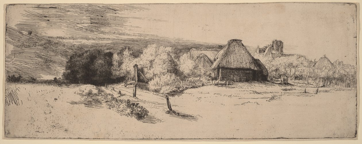 Paesaggio con alberi, fabbricati rurali e una torre da Rembrandt van Rijn