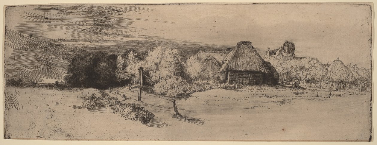 Paesaggio con alberi, fabbricati rurali e una torre da Rembrandt van Rijn
