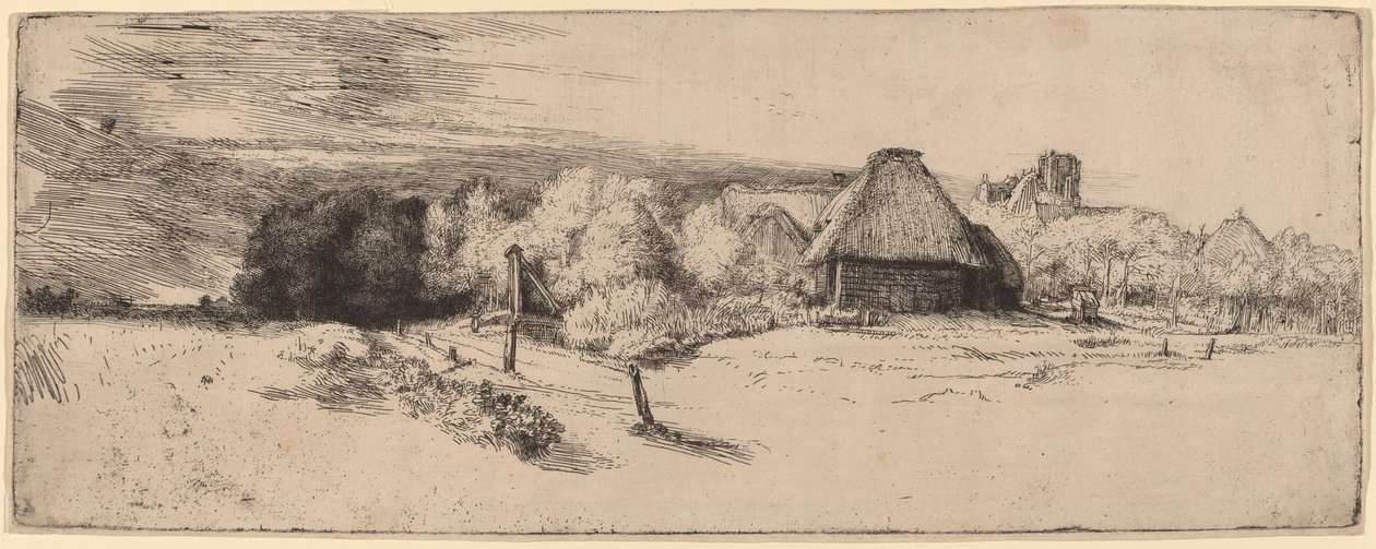 Paesaggio con alberi, edifici agricoli e una torre da Rembrandt van Rijn