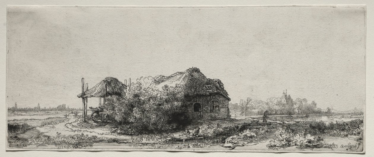 Paesaggio con un cottage e un fienile: Oblong, 1641 da Rembrandt van Rijn