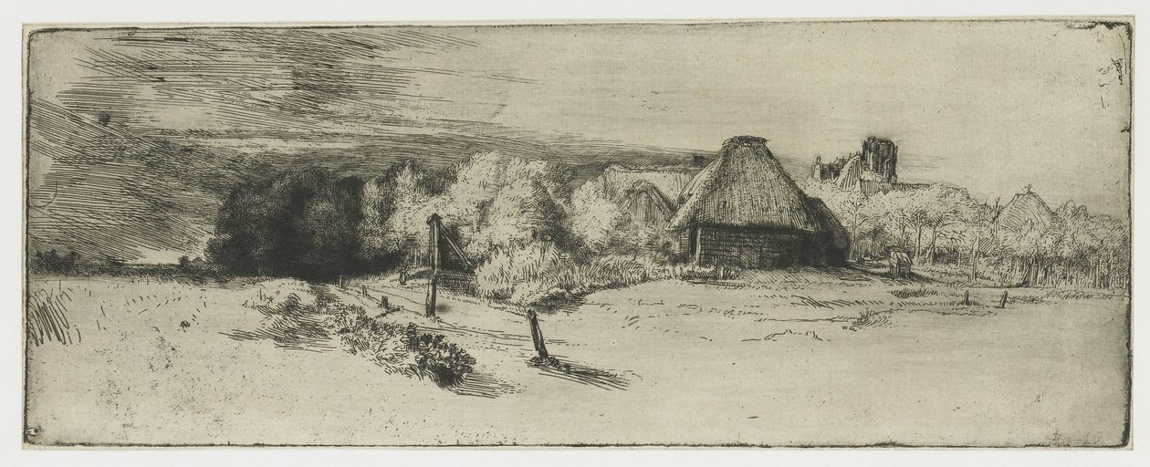 Paesaggio con edificio agricolo e la casa con la torre da Rembrandt van Rijn