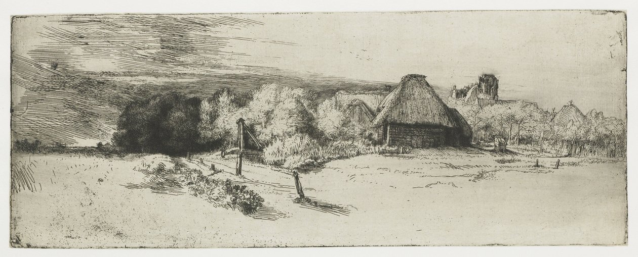 Paesaggio con edificio agricolo e 