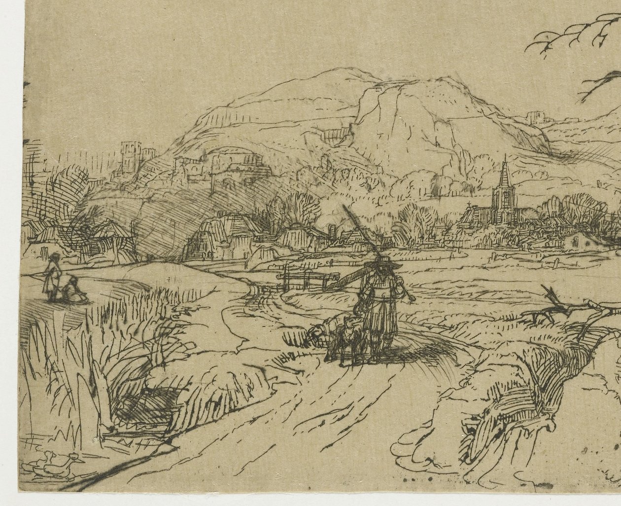Paesaggio con un cacciatore e dei cani da Rembrandt van Rijn