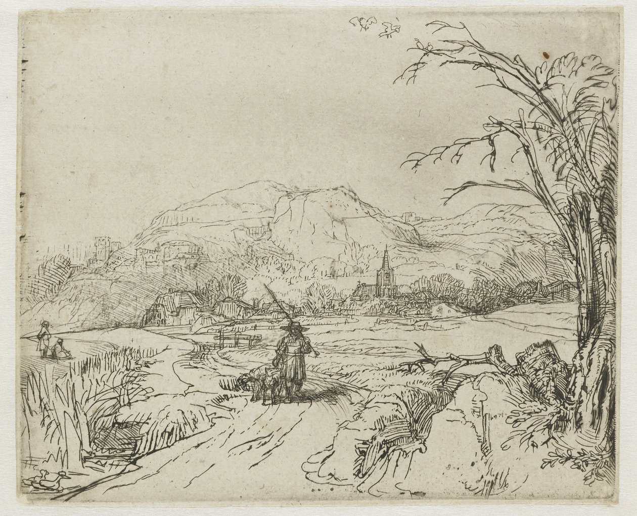 Paesaggio con un cacciatore e dei cani da Rembrandt van Rijn