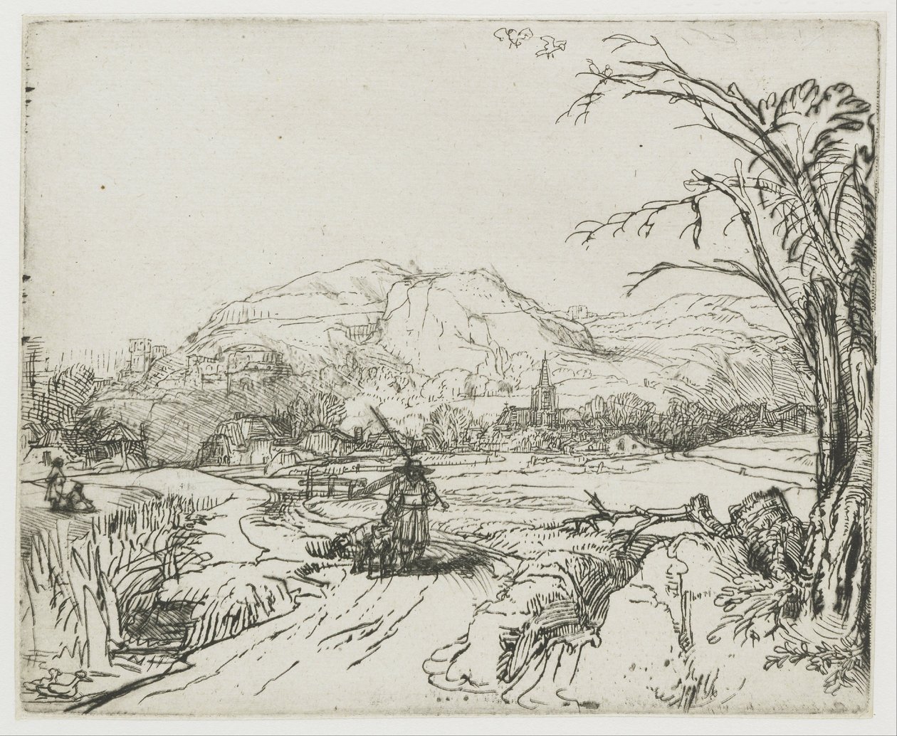 Paesaggio con un cacciatore e dei cani da Rembrandt van Rijn
