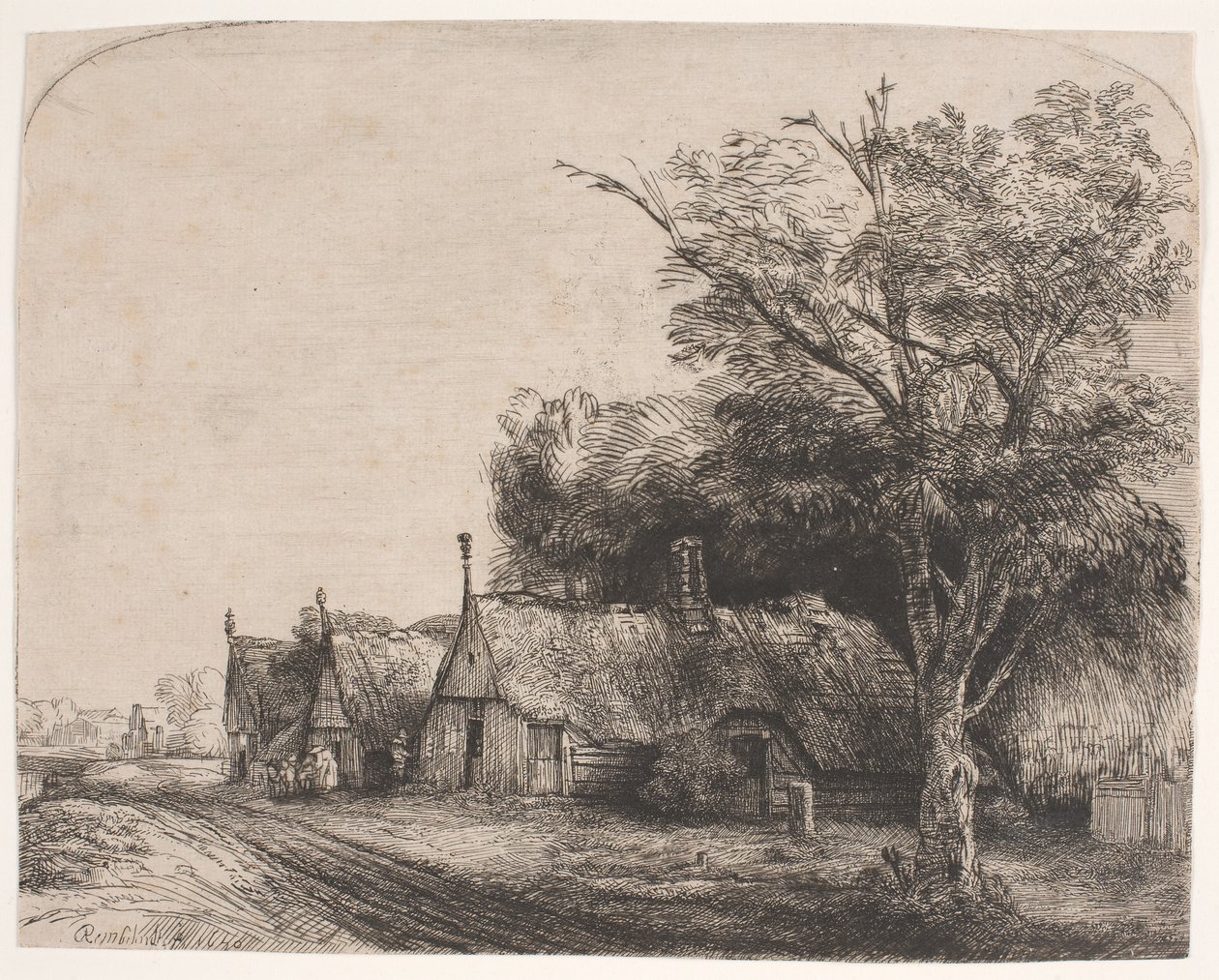Paesaggio con tre cottage a due spioventi lungo una strada da Rembrandt van Rijn