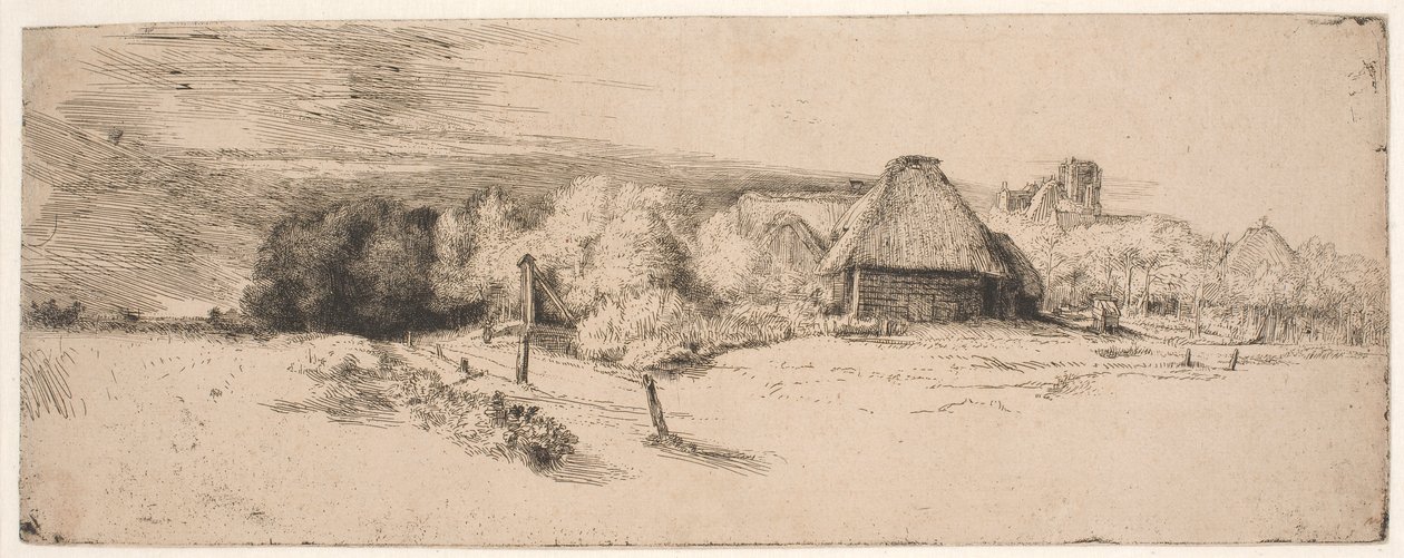 Paesaggio con alberi, fabbricati rurali e una torre da Rembrandt van Rijn