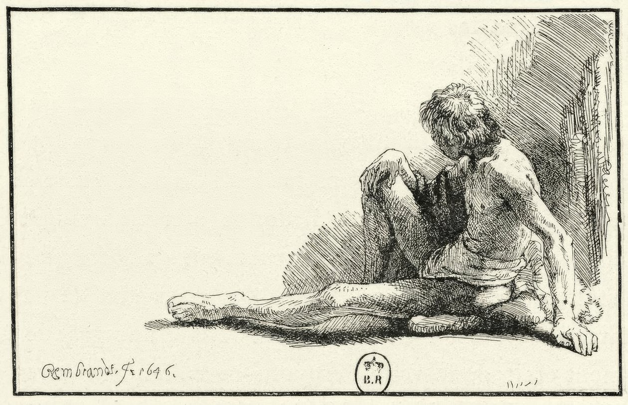 Nudo maschile, seduto a terra da Rembrandt van Rijn