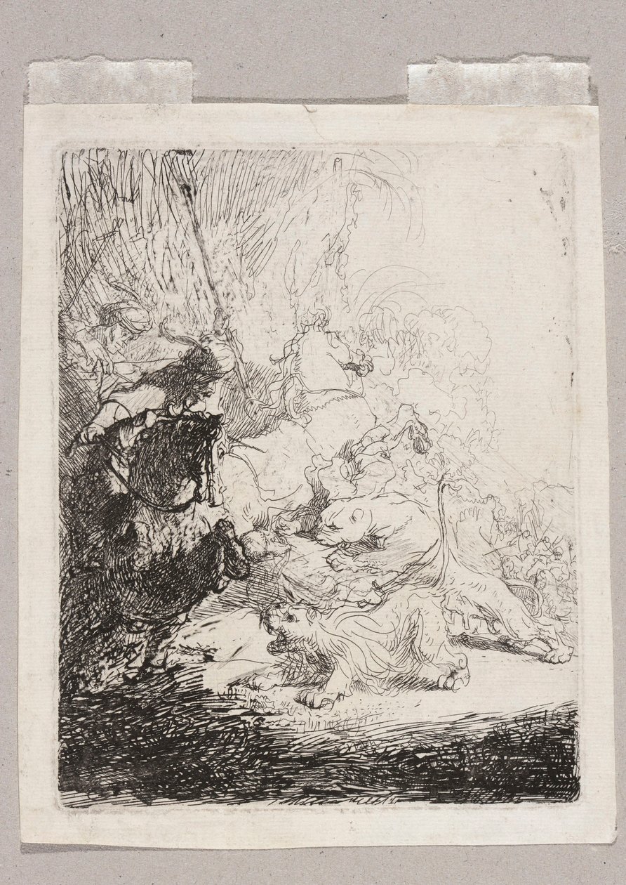 Una piccola caccia ai leoni (con due leoni) da Rembrandt van Rijn