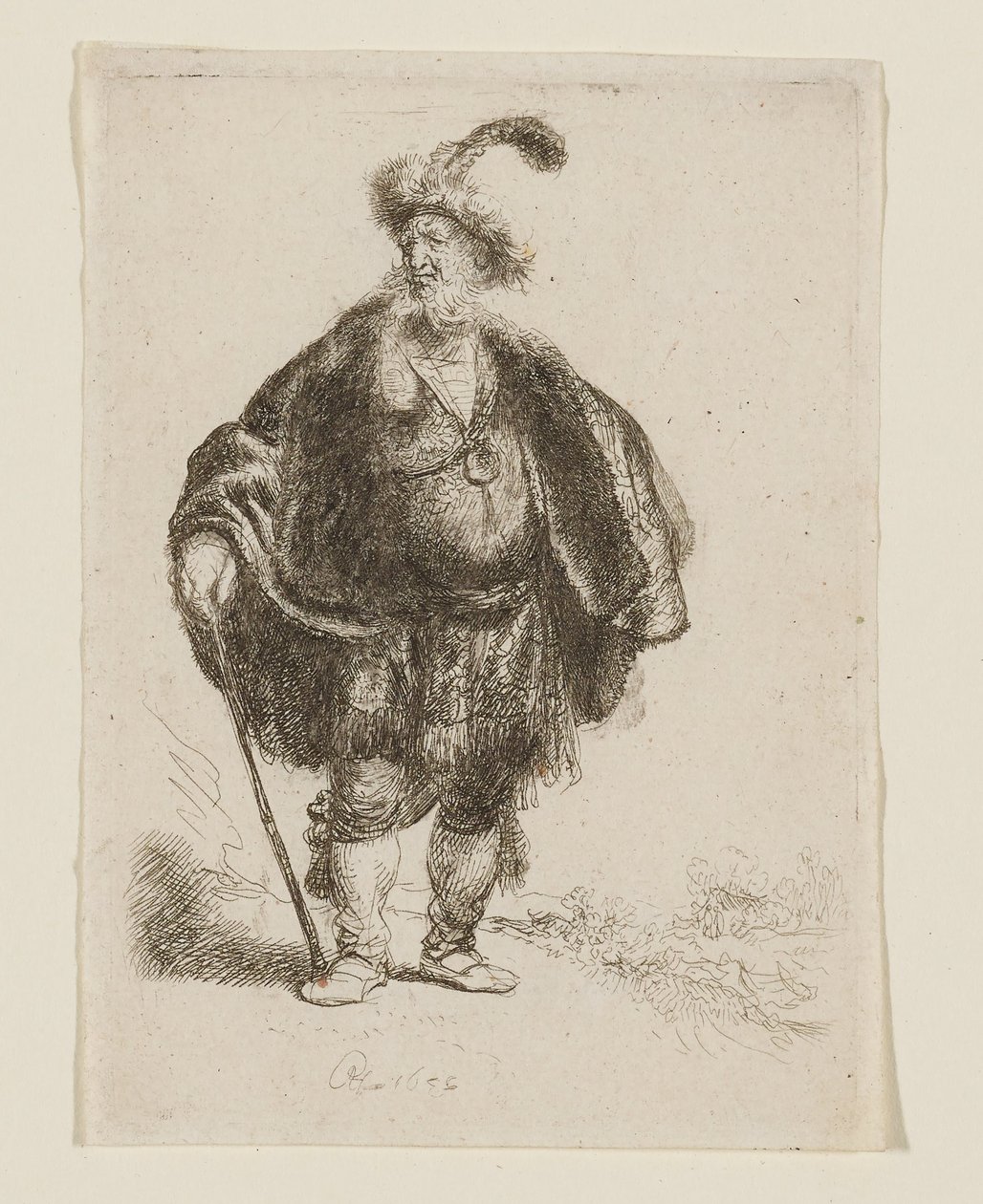 Uomo in piedi, in abito orientale e con un berretto di pelliccia piumato da Rembrandt van Rijn