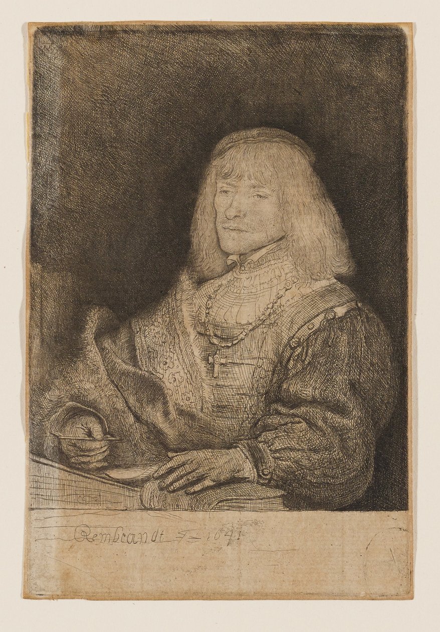 Uomo seduto alla scrivania, con una croce e una catena al collo da Rembrandt van Rijn