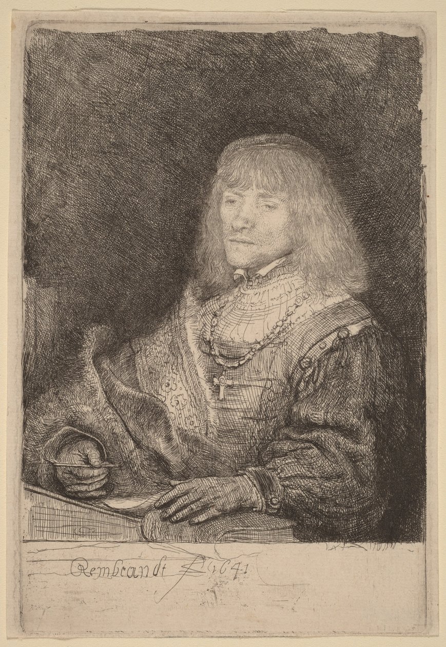 Un uomo seduto a una scrivania con una croce e una catena al collo da Rembrandt van Rijn