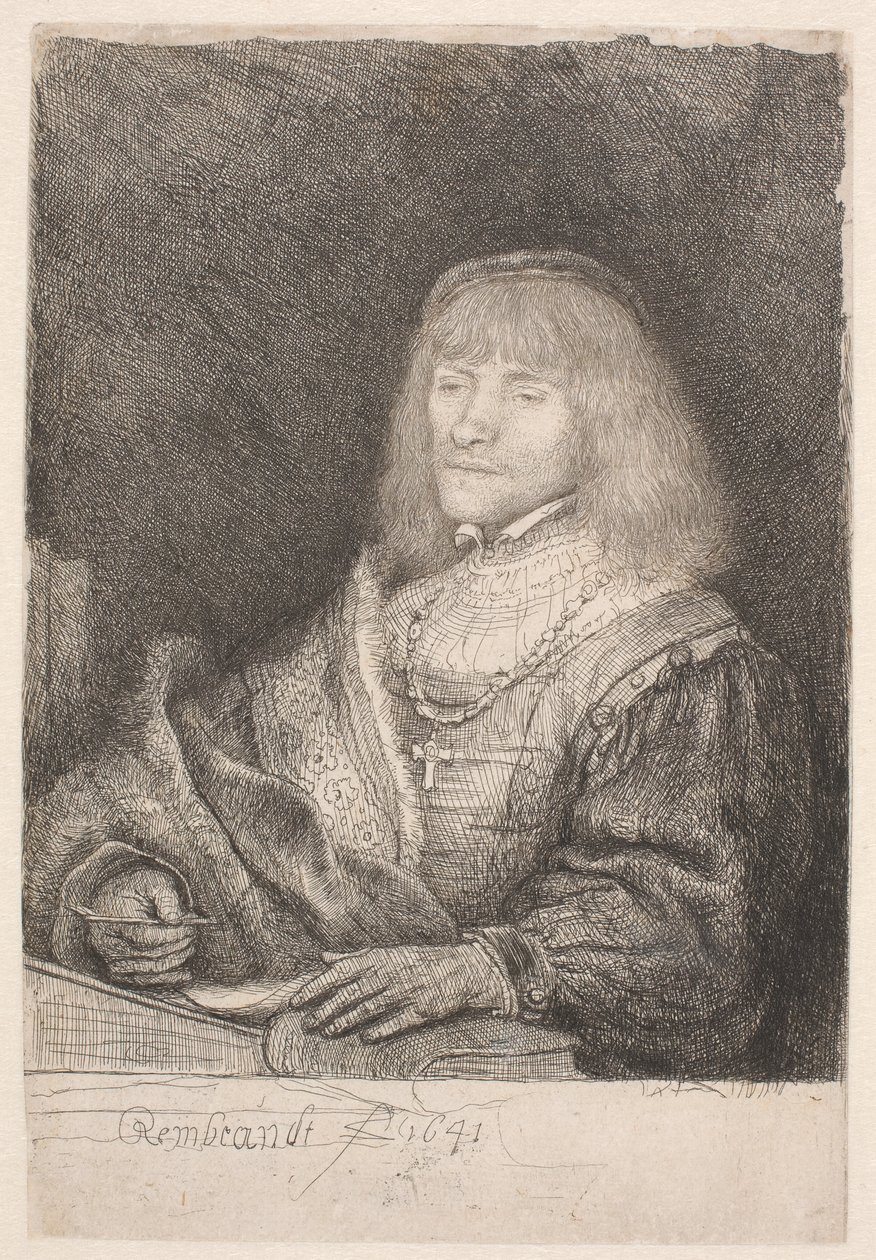 Uomo seduto alla scrivania, con una croce e una catena al collo da Rembrandt van Rijn