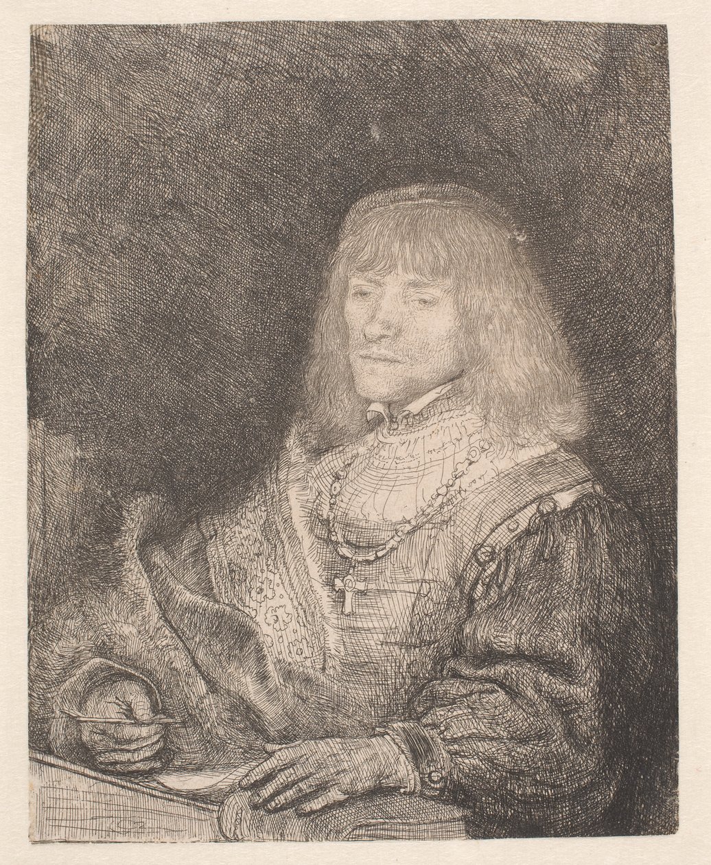 Uomo seduto alla scrivania, con una croce e una catena al collo da Rembrandt van Rijn