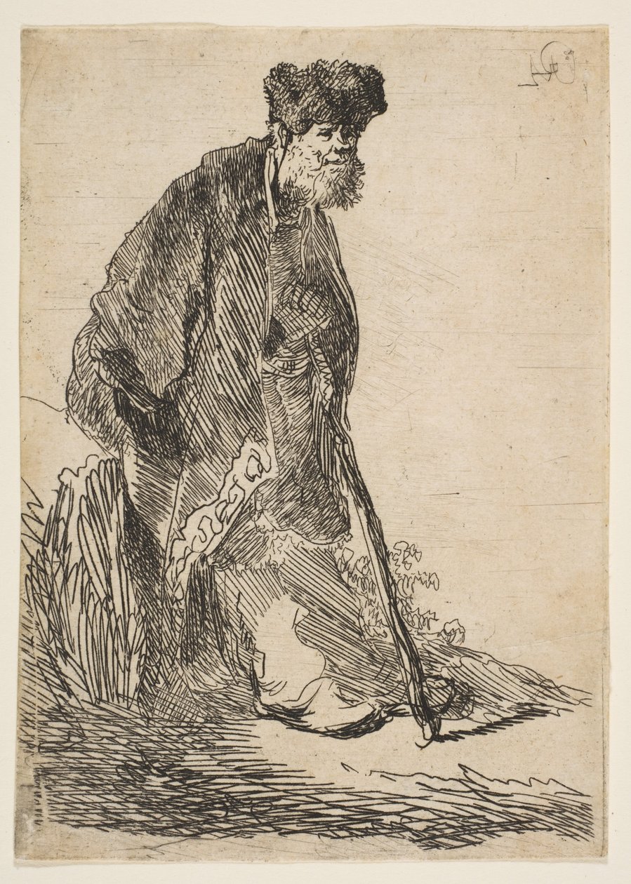 Uomo con cappotto e cappello di pelliccia appoggiato a una banca da Rembrandt van Rijn