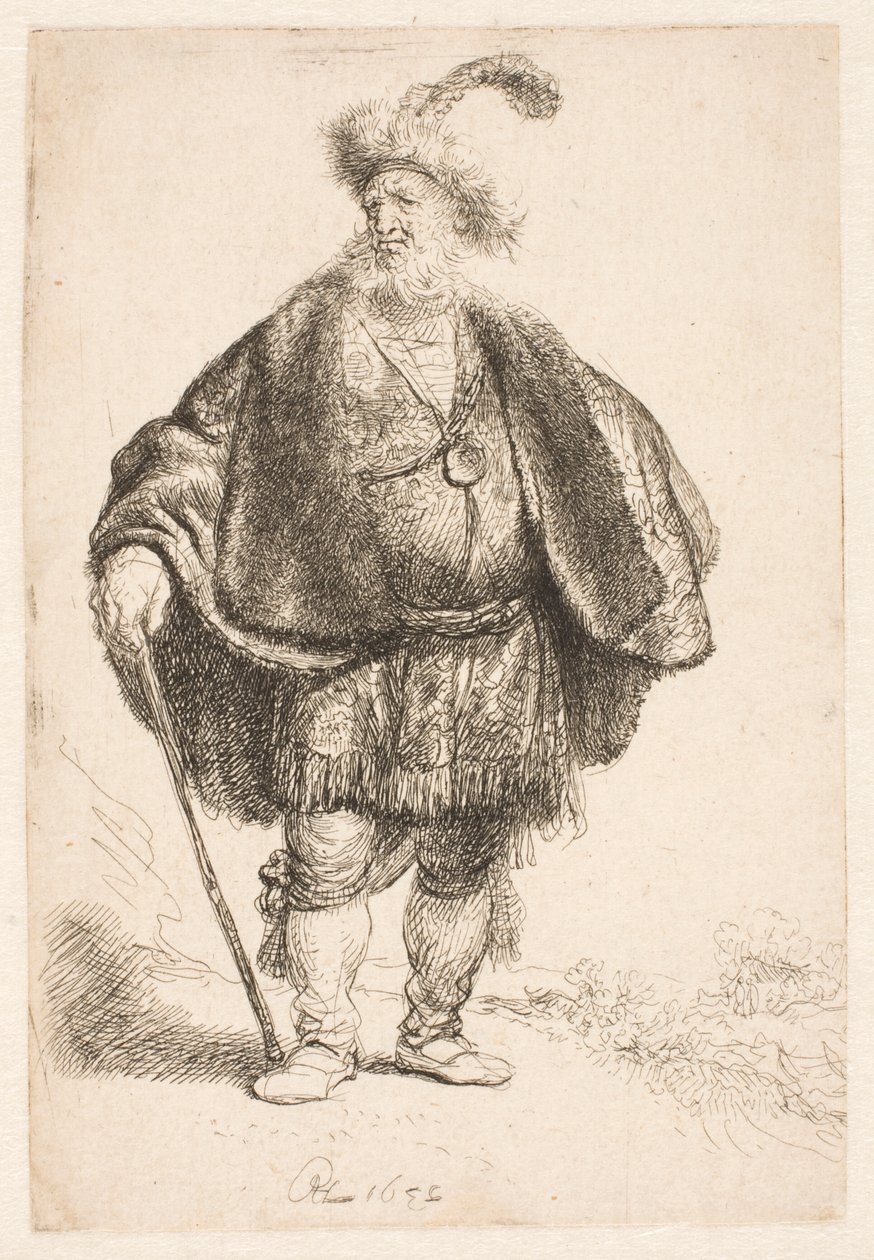 Uomo in piedi con indosso un costume orientale e un cappello di pelliccia con piume da Rembrandt van Rijn