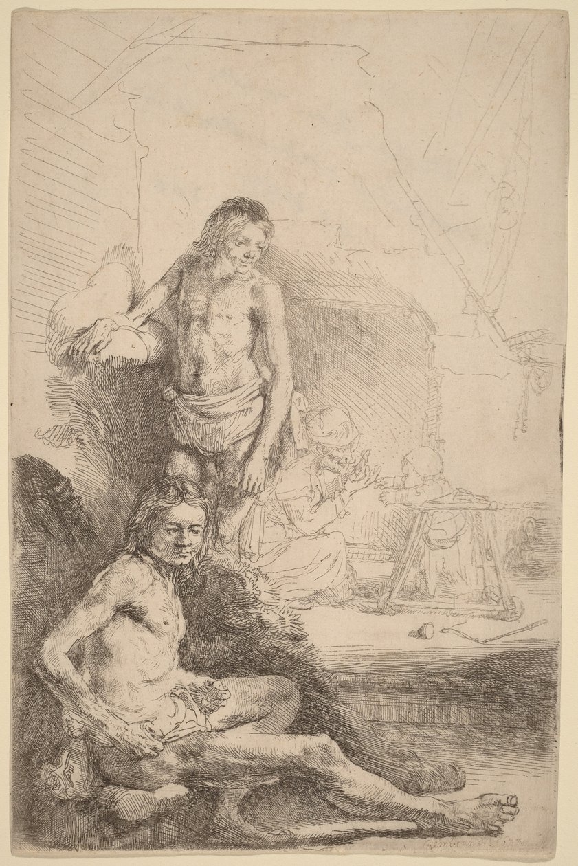 Uomo nudo seduto e uomo nudo in piedi, con una donna e un bambino sullo sfondo da Rembrandt van Rijn