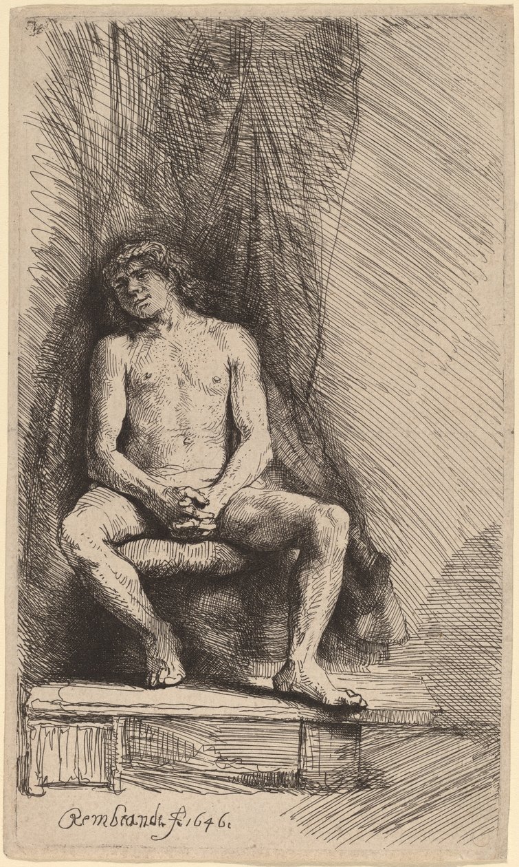 Uomo Nudo Seduto davanti a una Tenda da Rembrandt van Rijn