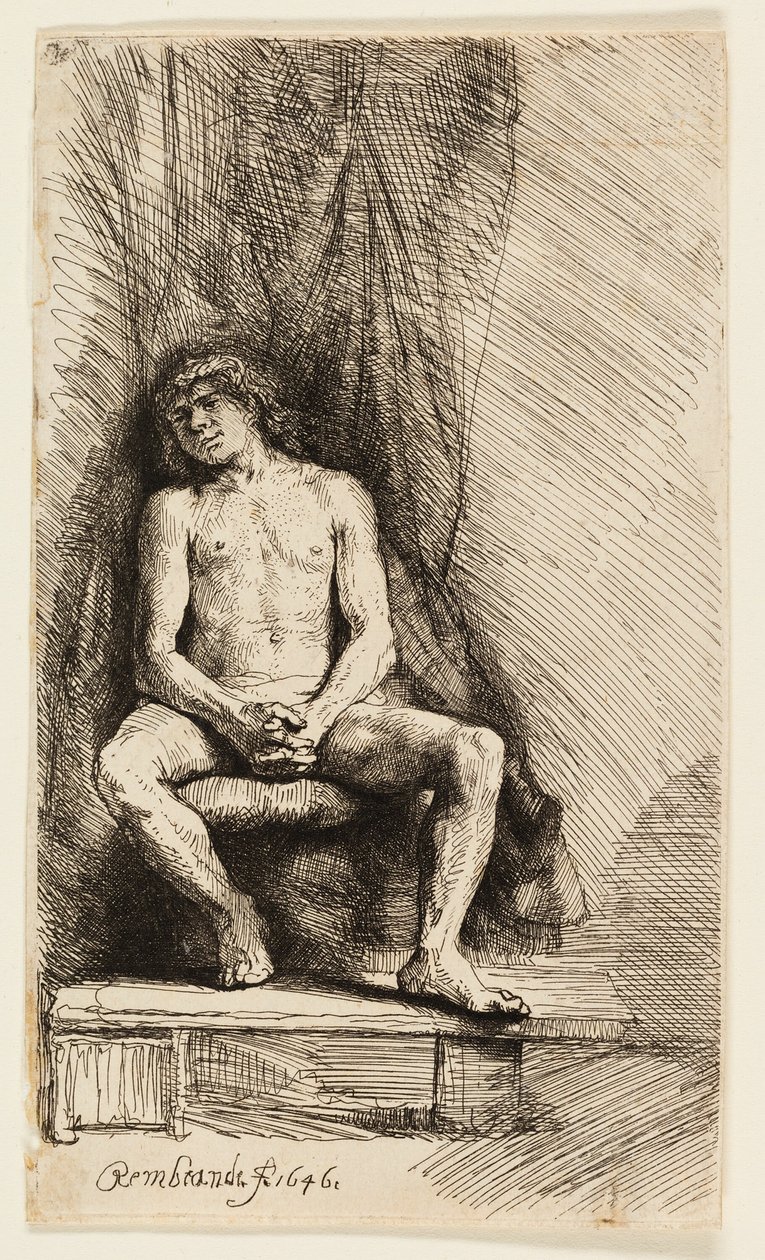 Uomo nudo seduto davanti a una tenda da Rembrandt van Rijn