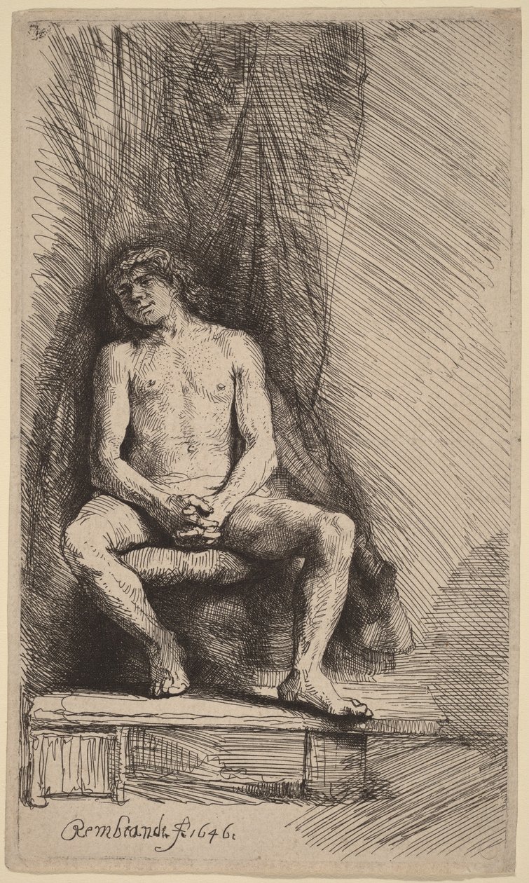 Uomo nudo seduto davanti a una tenda da Rembrandt van Rijn