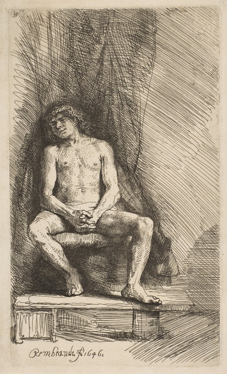 Uomo Nudo Seduto davanti a una Tenda da Rembrandt van Rijn